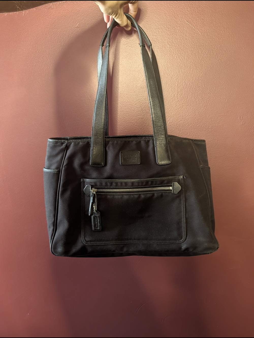 Coach Black Nylon Tote with Leather Trim Handbag Large Logo Patch